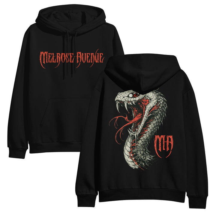 Melrose Avenue black hoodie in soft cotton fleece (ASColour 5101), red Gothic "Melrose Avenue" on front, bold coiled snake and "MA" on back. Premium supply pullover for standout style.
