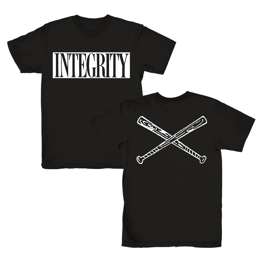 Black Integrity Heavy Cotton t-shirt with INTEGRITY in bold white letters on the front and a striking illustration of two crossed baseball bats in white on the back.