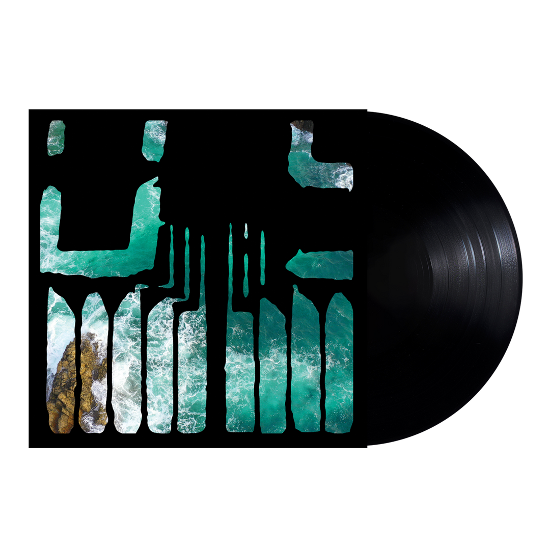 A Joshua post-hardcore vinyl partially slides out of its album cover, which features abstract black shapes revealing an aerial view of turquoise ocean waves crashing on rocks.