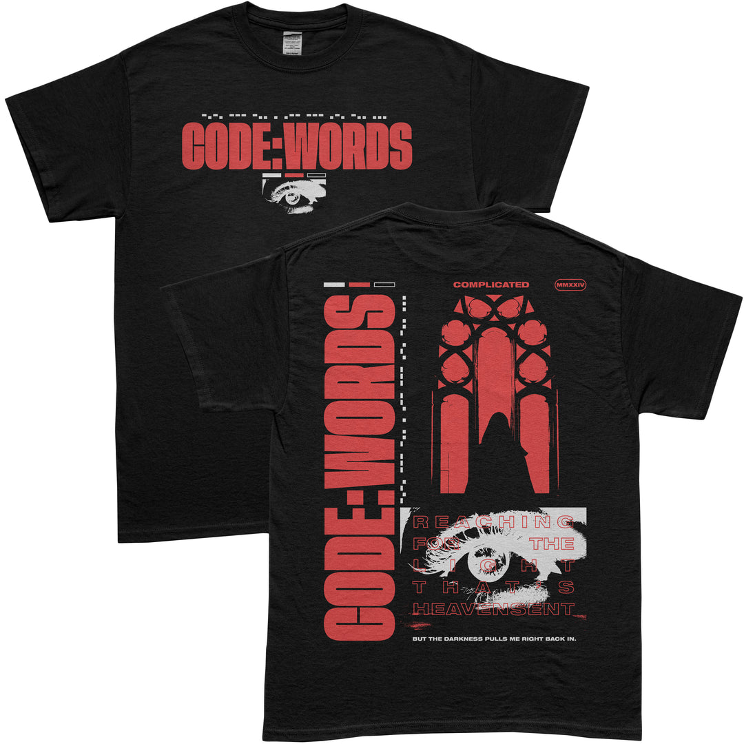 The CODE:WORDS black t-shirt features bold red and white text on front and back, abstract graphics, a gothic window design, scattered phrases, and is made from soft Comfort Colors fabric for timeless style and comfort.