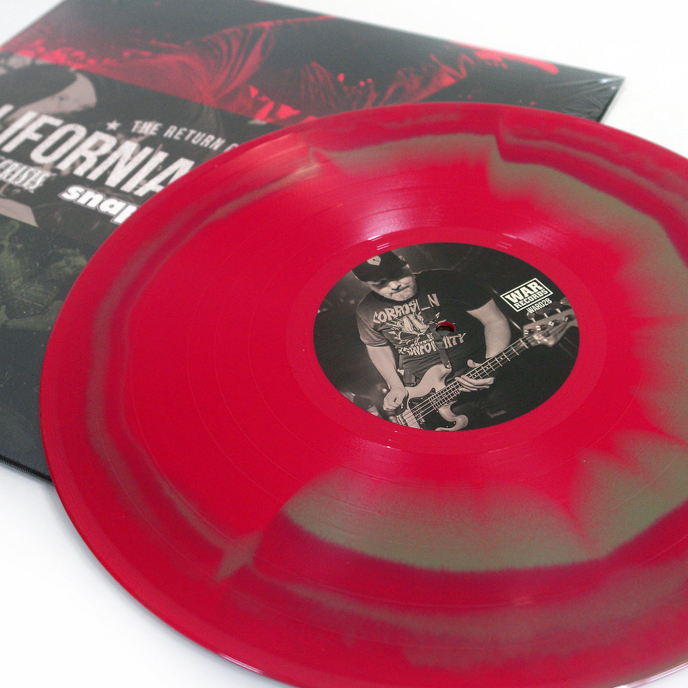 A close-up of a red and gray marbled Snapcase vinyl record partially covering its album sleeve, which shows a musician playing bass—an eye-catching product perfect for fans of the California Takeover era.