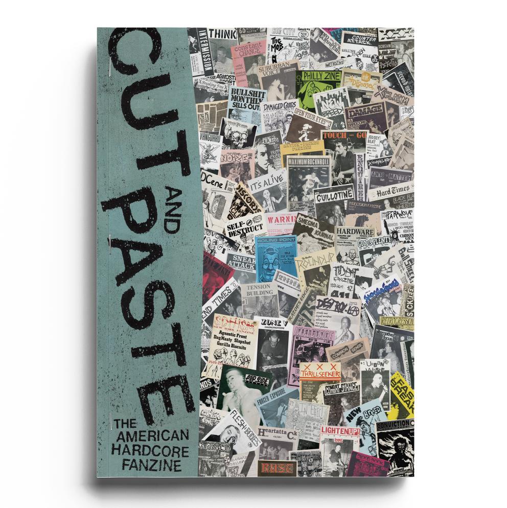 Merchnows book cover for CUT AND PASTE: The American Hardcore Fanzine showcases a lively mix of black-and-white and color punk zine clippings, band flyers, and handwritten notes set against a teal spine.