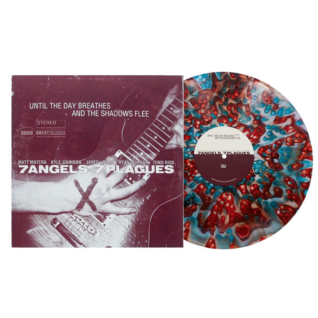 A marbled red, teal, and white vinyl sits beside its album cover for 7 Angels 7 Plagues' "Until The Day Breathes," featuring a close-up guitar image with a bold red X and band text.