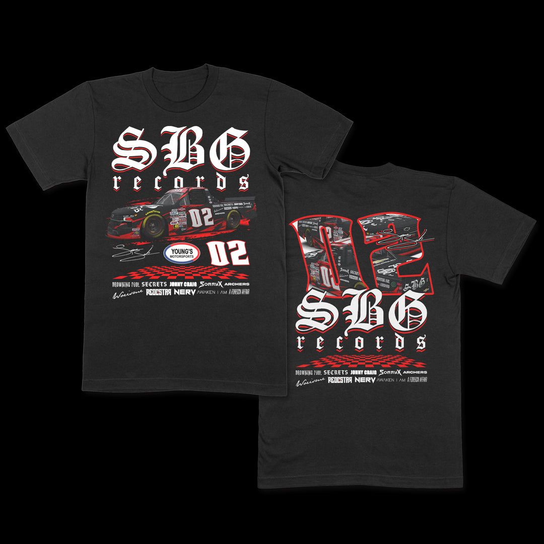 SBG Records black NASCAR t-shirt features a red and black race car, white gothic brand lettering, number 02 with racing sponsors. The back showcases a large 02, Shadow Born car graphics, and autograph-style details.