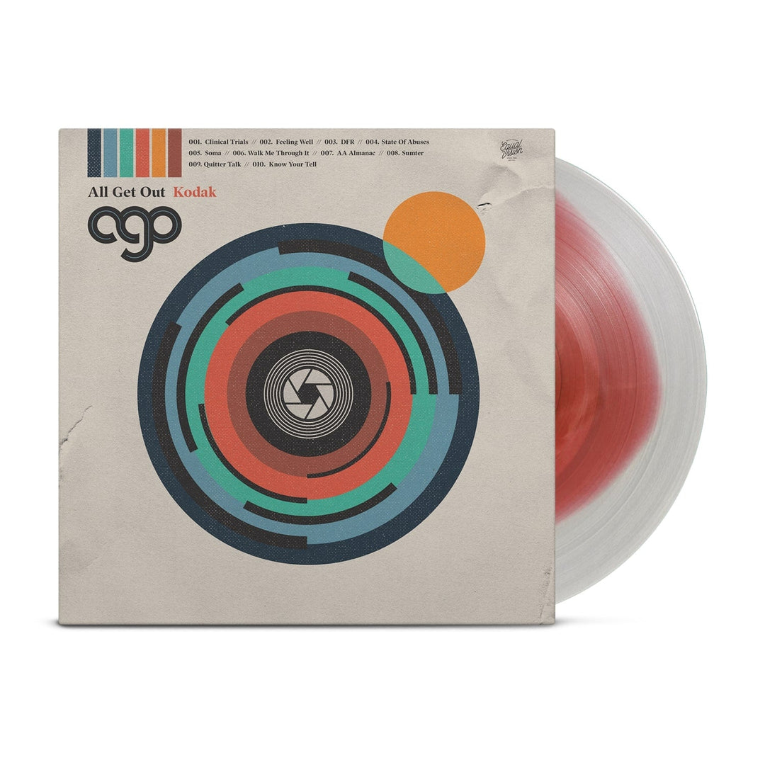 A transparent and red swirl Color-in-Color vinyl LP from All Get Out peeks from its sleeve, which features abstract colorful concentric circles, geometric shapes, the album title Kodak, and a detailed tracklist.