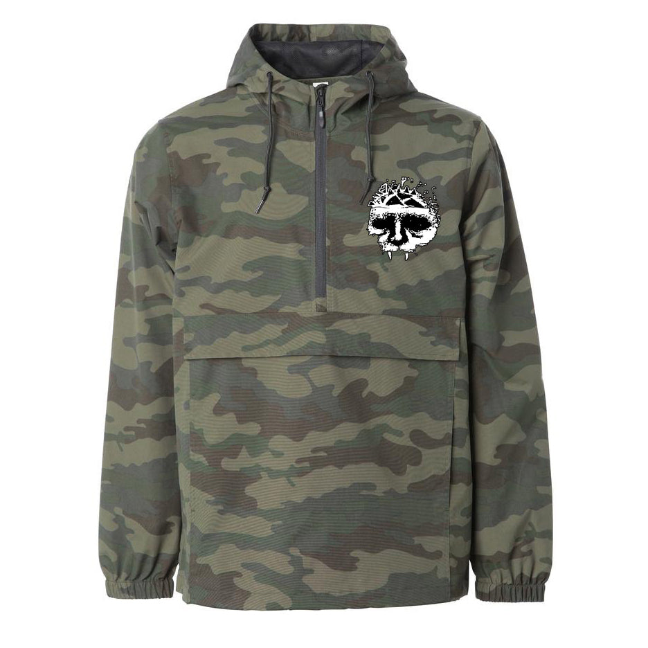 The Integrity camouflage hooded windbreaker features a front zipper, pocket, and a white graphic of a stylized tree with Skull logo printed on the left chest.