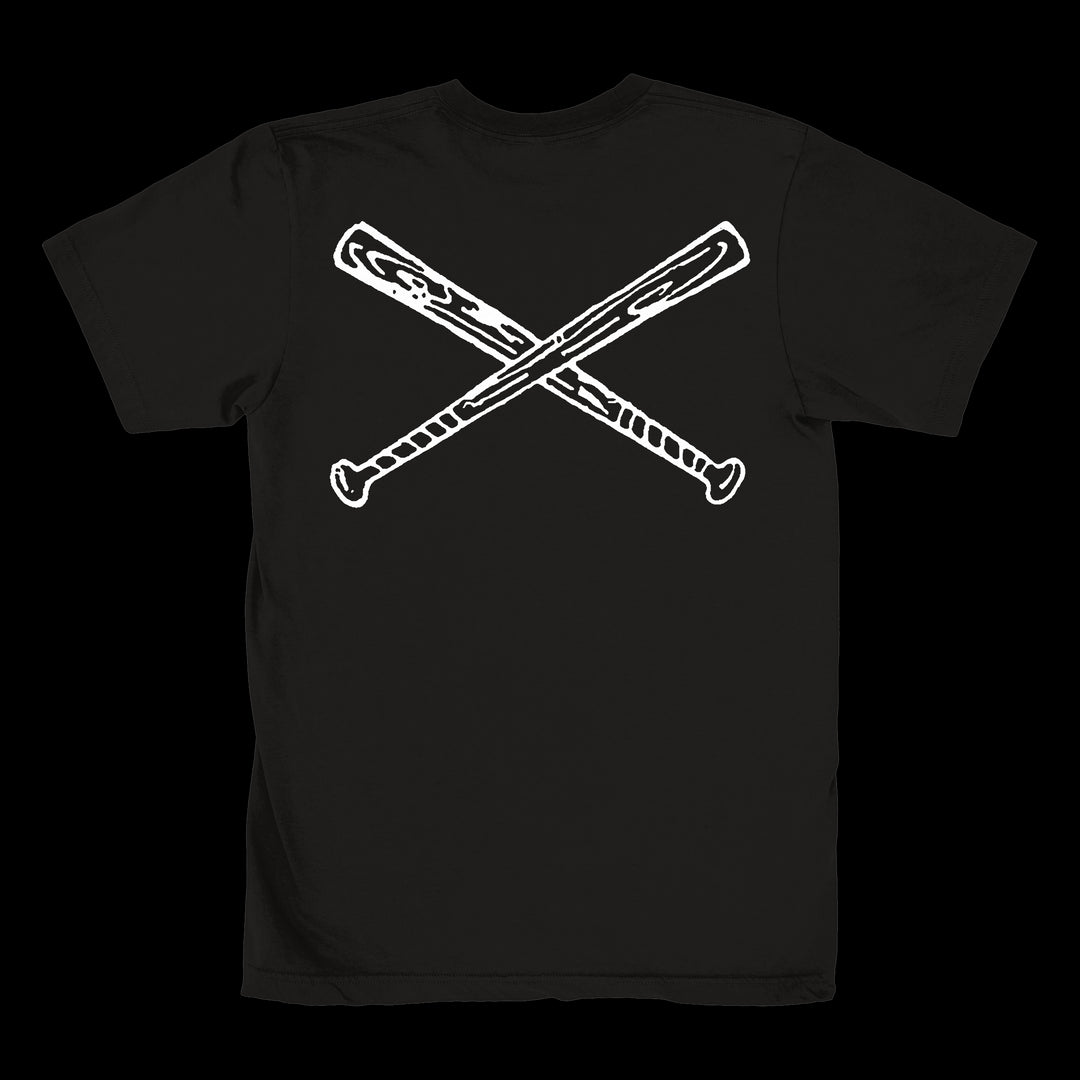 Integrity black Heavy Cotton t-shirt with a bold white graphic of two crossed baseball bats on the back—perfect for fans of premium printed T-shirts.