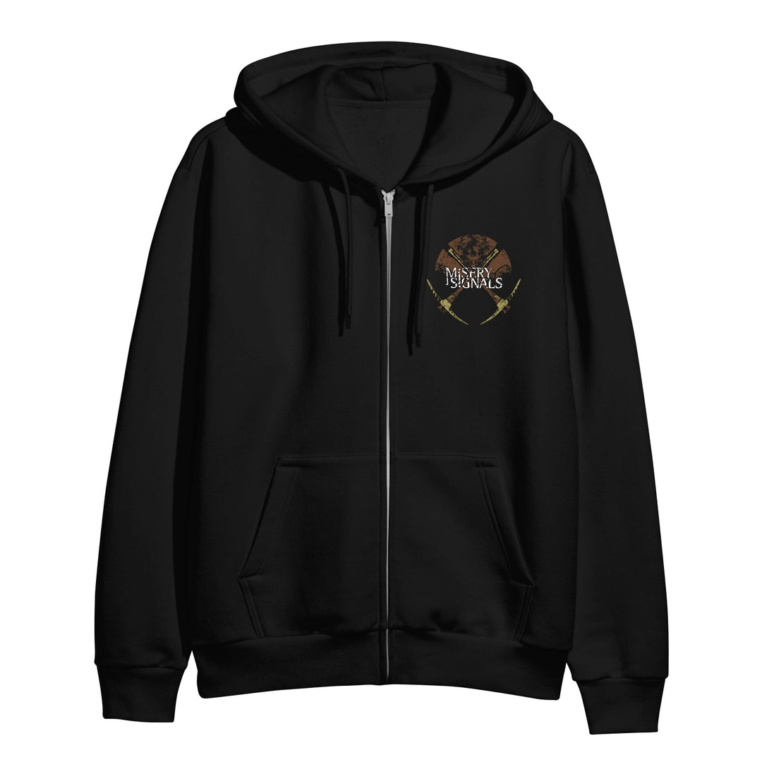 Misery Signals midweight zip-up hoodie with front pockets and a small chest graphic of crossed swords and “Eternals” in a stylized font.