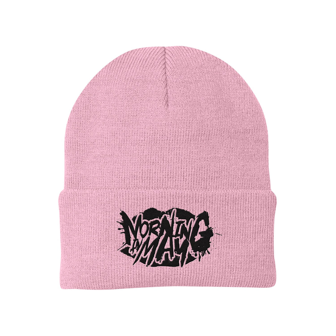 A light pink Morning In May Logo Beanie with a folded brim, featuring bold black graffiti-style text reading WORKING IN MY ANG on the front.