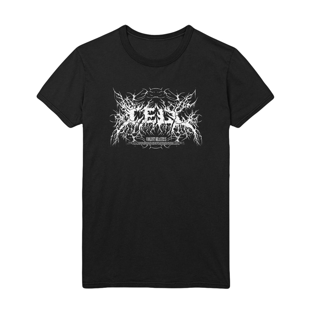 Black t-shirt by Cell featuring a white, intricate spiky logo centered above “DEATH” and “VALLEY RECORDS” in stylized font—a bold statement piece for fans of Black Tools.