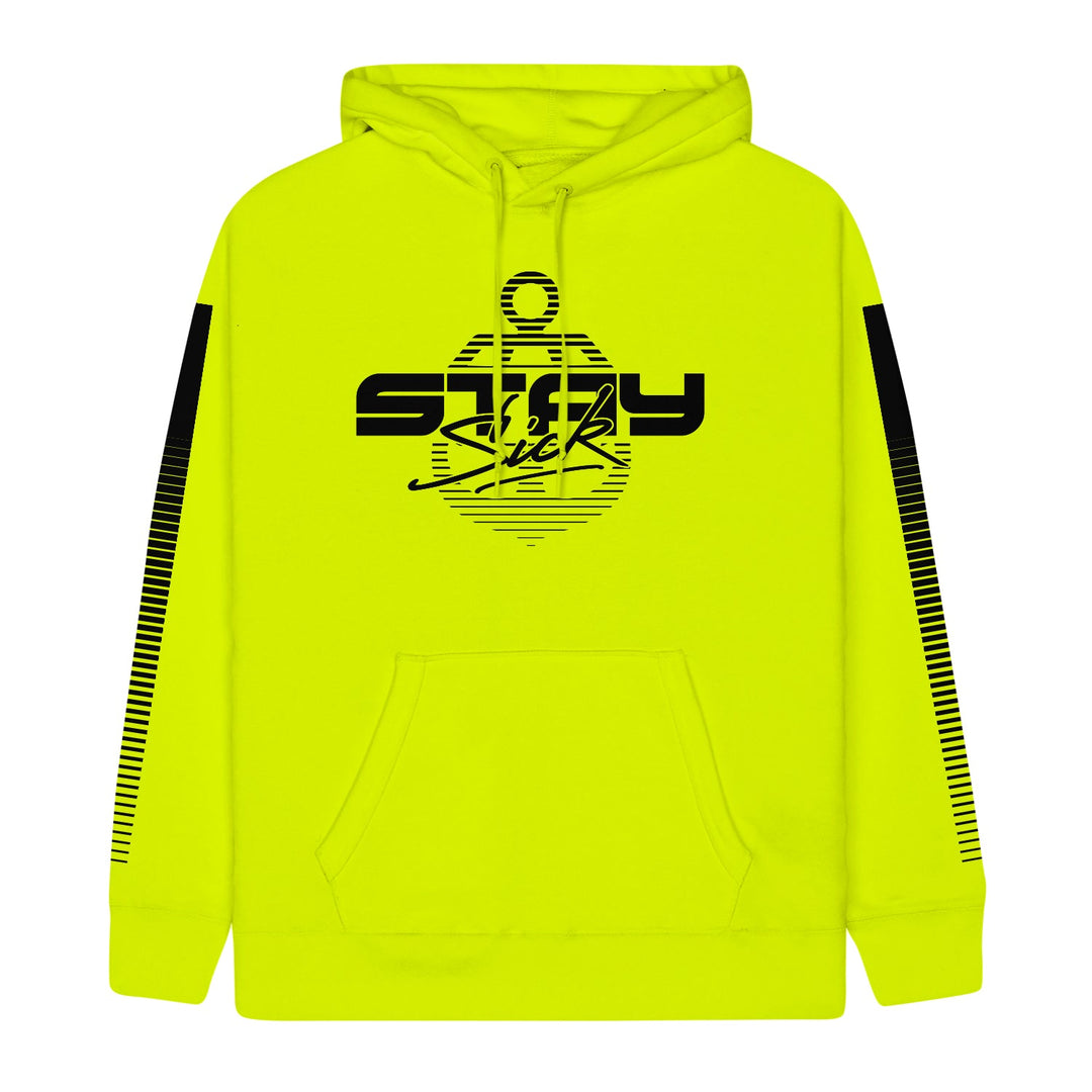 Stay Sick Clothing neon yellow hoodie features a front pouch pocket, bold and script “Stay Sick” black graphic text, plus black stripes on both sleeves for an 80’s-inspired look.