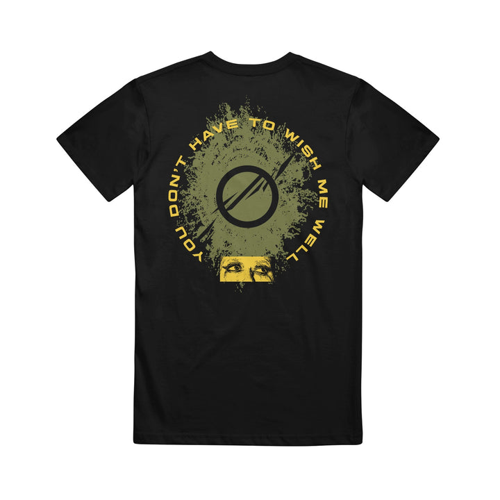 Black Kaonashi Hammer t-shirt featuring a green circular brushstroke with a diagonal line, yellow eyes, and “YOU DON’T HAVE TO WISH ME WELL” printed in a circle around the graphic on the back.