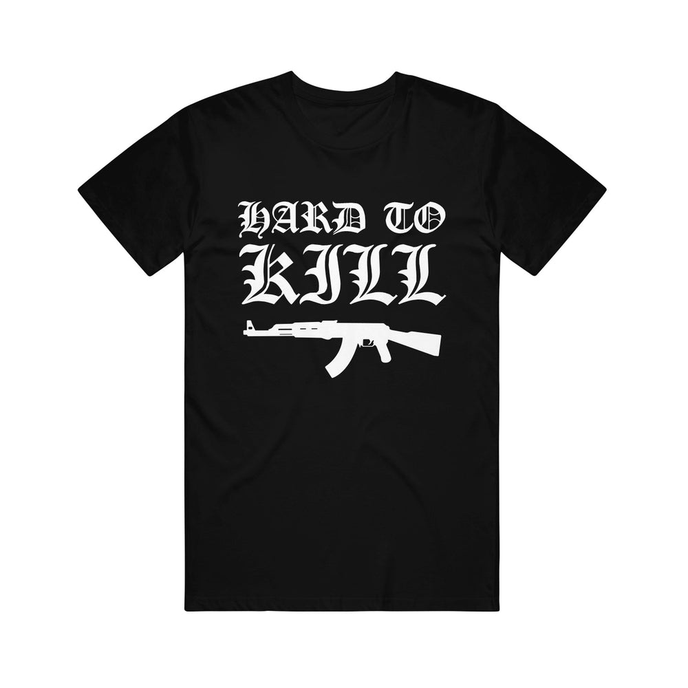 Stay Sick Clothing Black T-Shirt showcases bold white Hard To Kill text above and below a graphic of an assault rifle.