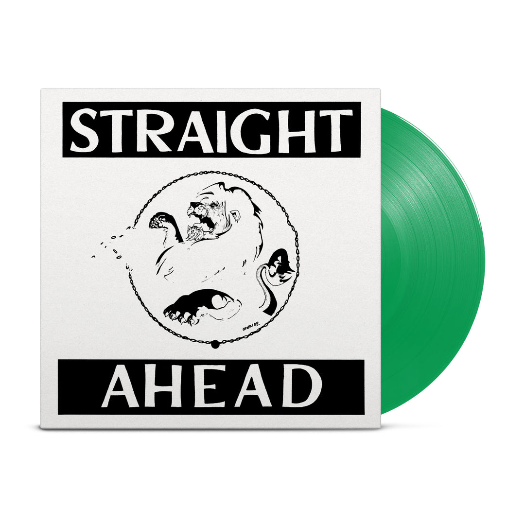 A green vinyl LP by Straight Ahead partially slides from a white, self-titled cover featuring "STRAIGHT AHEAD" in bold black letters above and below a black-and-white illustration of a fierce, roaring creature inside a circle.