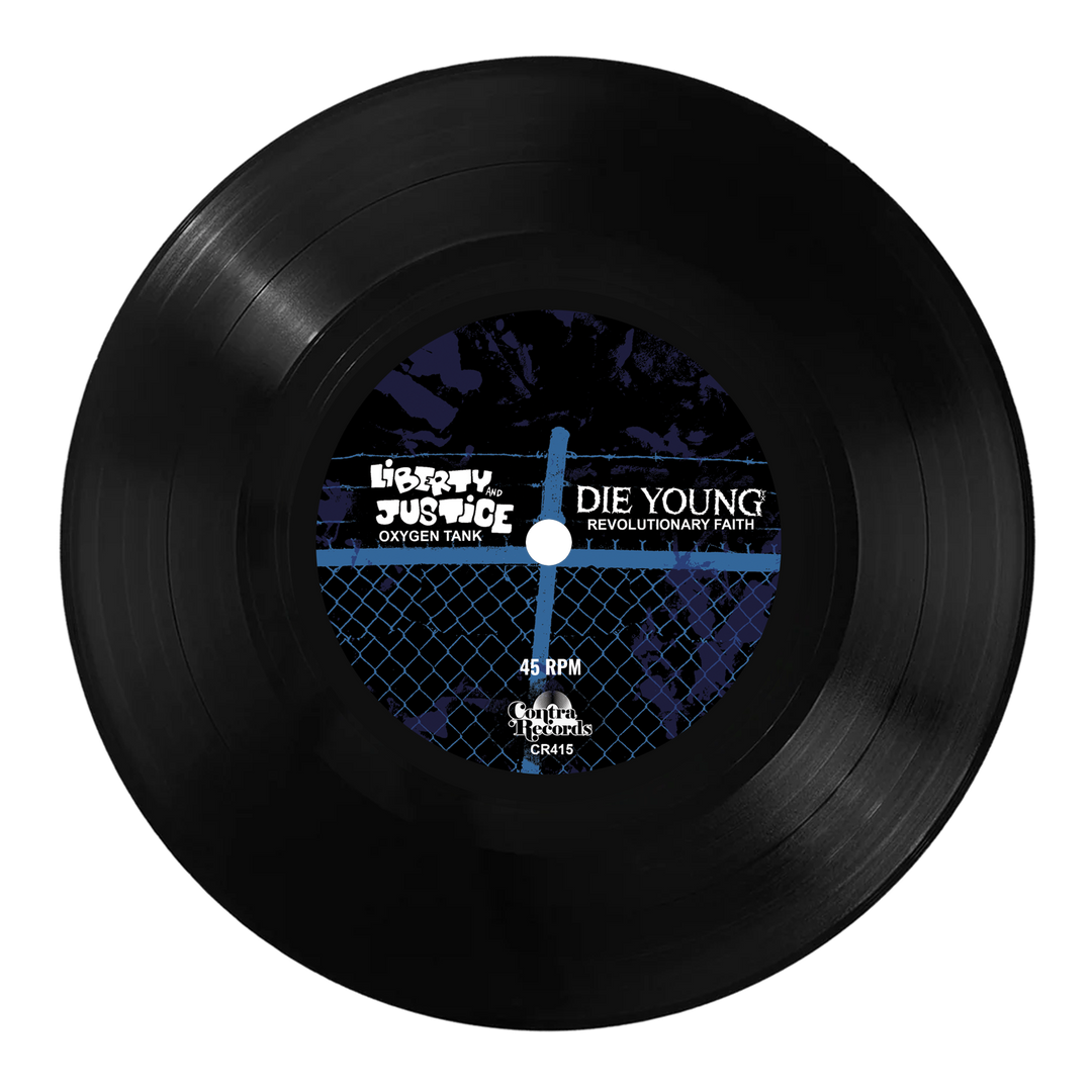 The Die Young split vinyl record features Liberty & Justice’s "Oxygen Tank" and Die Young’s "Revolutionary Faith," pressed on black vinyl with a blue/black label, plays at 45 RPM, limited edition Crucial Chaos CR416.