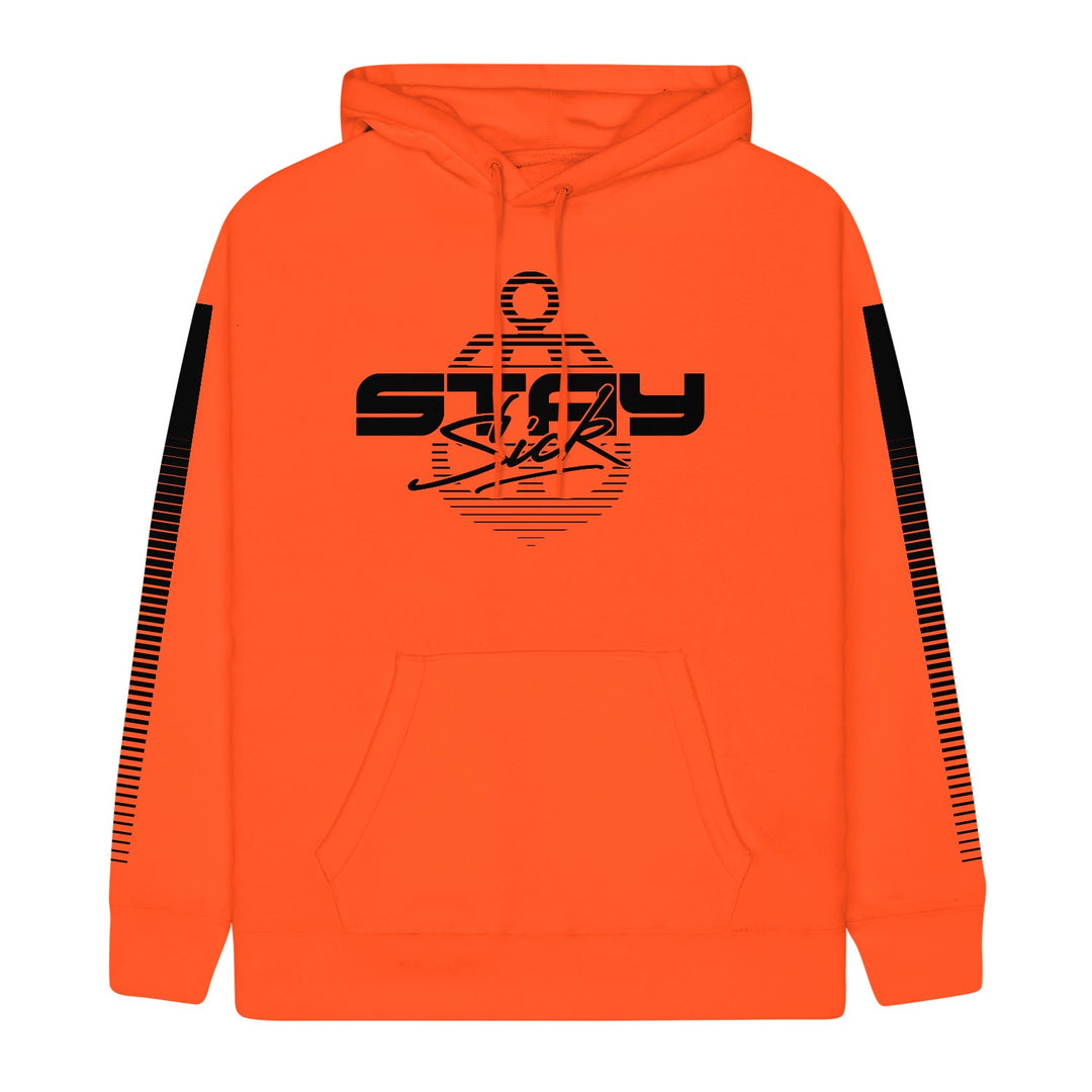 Stay Sick Clothing neon orange hoodie features a front pocket, bold black Stay Sick text on the chest, and 1980s-inspired black horizontal stripes on both sleeves near the shoulders.