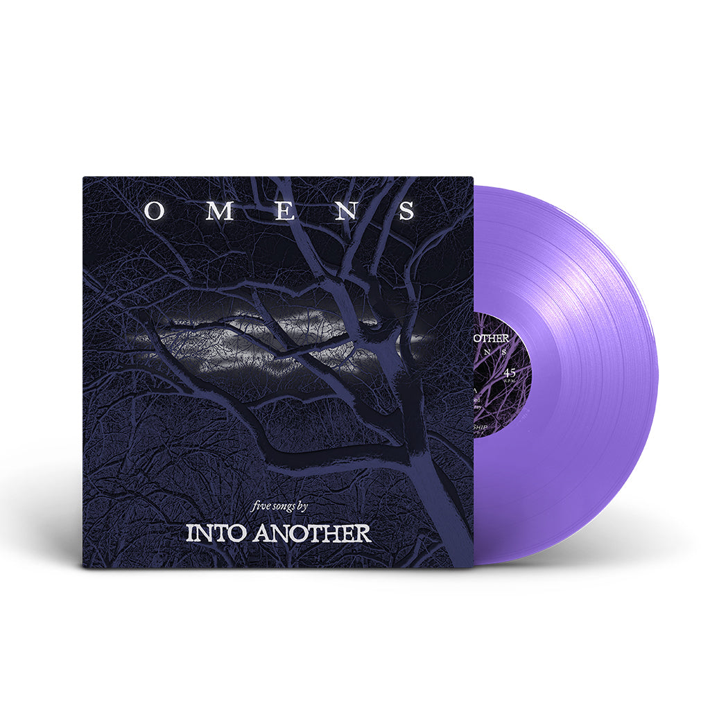 A purple vinyl EP partly slides from a dark cover with bare tree branches and “Omens” in white text, featuring the brand name Into Another at the bottom.