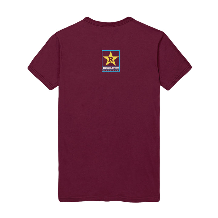 A maroon Bold short-sleeve T-shirt with a small rectangular logo on the upper back showing a yellow star, the letter R above "REVOLUTION," and additional smaller text underneath.