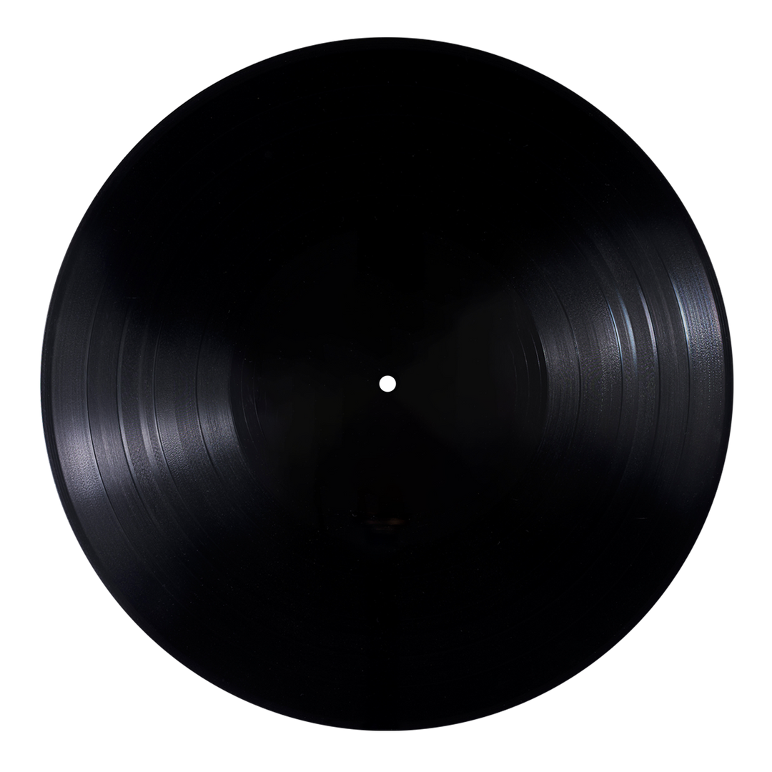 A black 12” vinyl record from King Slender, viewed from above on a dark background, its grooves catching the light—a perfect tribute to emotional hardcore.