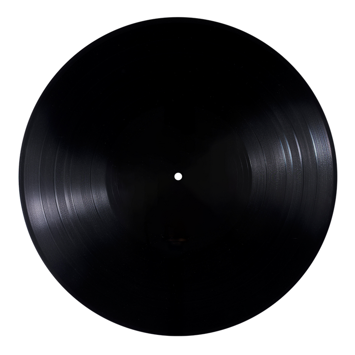 A black 12” vinyl record from King Slender, viewed from above on a dark background, its grooves catching the light—a perfect tribute to emotional hardcore.