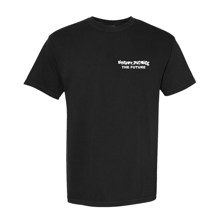 Black Liberty & Justice Comfort Colors short-sleeve t-shirt featuring bold white "HEAVY JUVICE THE FUTURE" text on the left chest, displayed on a plain white background.