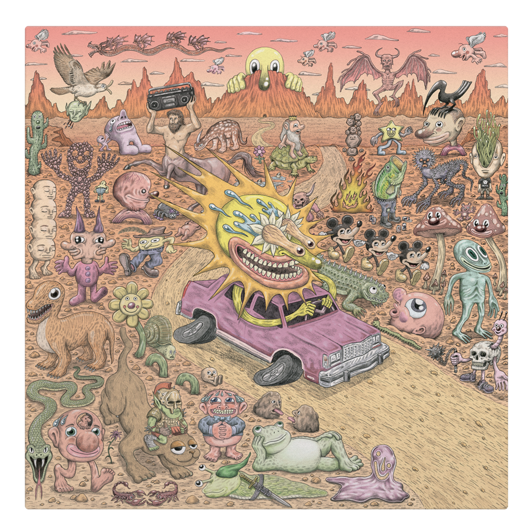 A surreal desert scene bursts with wild creatures, cactus people, a purple car with a yelling face, dancing animals, explosions, and a pink sky. The Sunbloc sun with eyes rises over mountains like an alt-music dream.