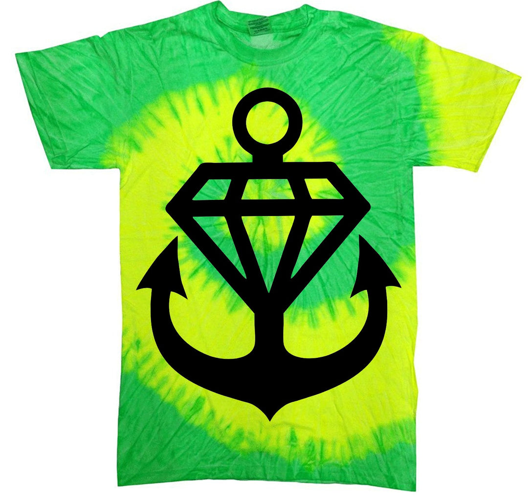 A green and yellow tie-dye t-shirt from Stay Sick Clothing featuring a large black Anchor Diamond graphic—a diamond shape combined with an anchor symbol at the center.