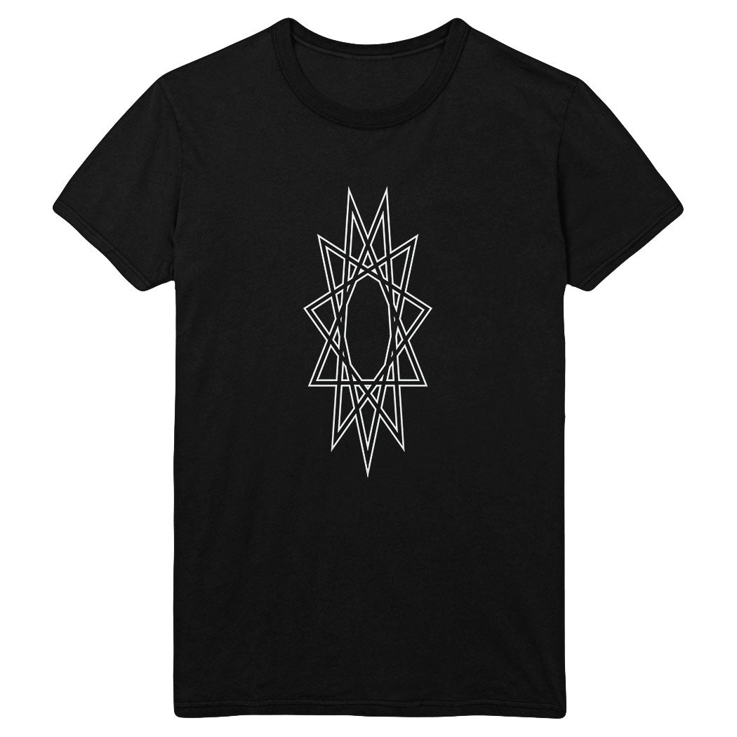 A black Into Another TULTEX t-shirt featuring a large, symmetrical white geometric design centered on the chest, resembling an intricate star or diamond—ideal for fans of bold graphic prints.