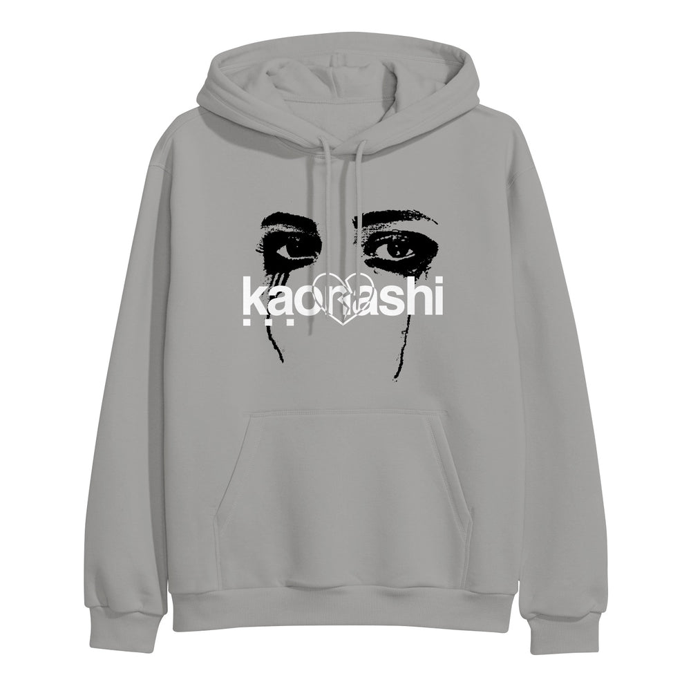 Light gray Kaonashi pullover hoodie with a black and white graphic of intense eyes and eyebrows above "kaonashi" in bold, stylized white text across the chest.