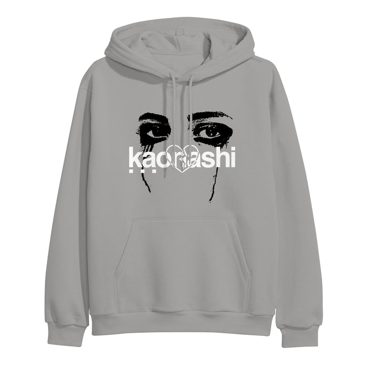 Light gray Kaonashi pullover hoodie with a black and white graphic of intense eyes and eyebrows above "kaonashi" in bold, stylized white text across the chest.