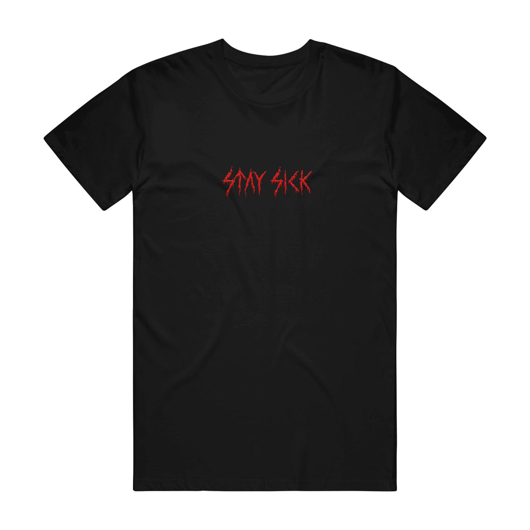 Stay Sick Clothing black T-shirt featuring STAY SICK in jagged red lettering across the chest—a bold, metal-inspired look for hardcore fans.