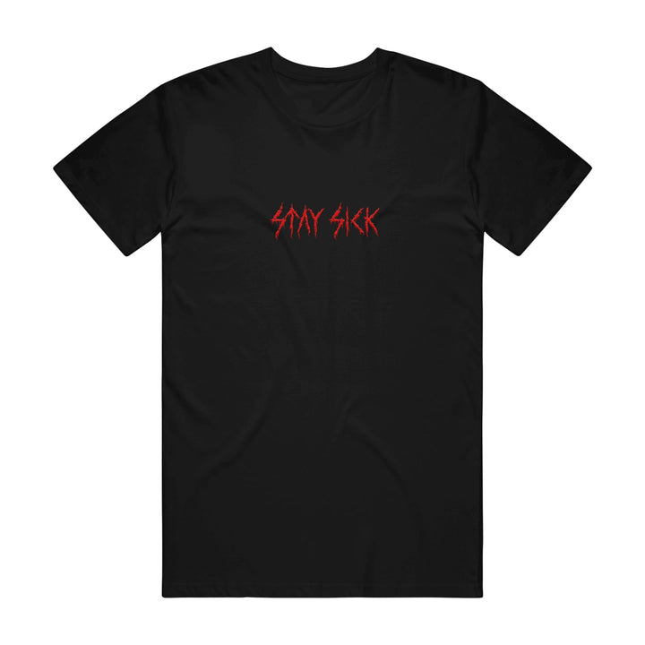 Stay Sick Clothing black T-shirt featuring STAY SICK in jagged red lettering across the chest—a bold, metal-inspired look for hardcore fans.