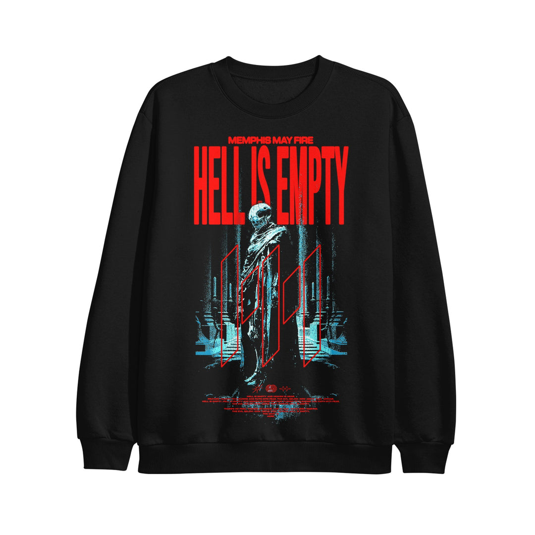 Memphis May Fire black crewneck sweater with bold red "HELL IS EMPTY" text above a skeleton by open doors, brand name below, and blue/red abstract graphics in the background.