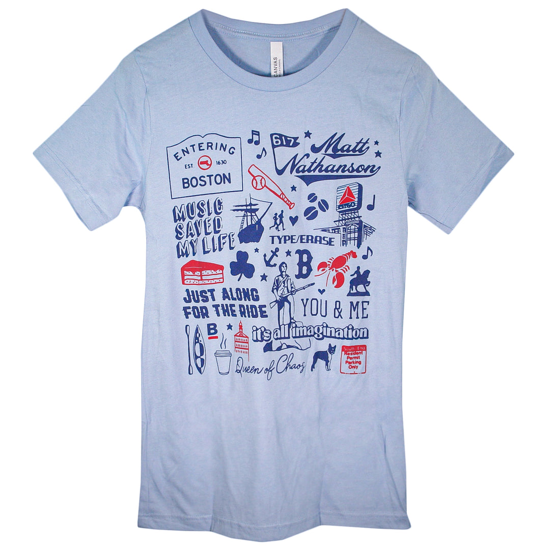 Light blue Matt Nathanson Bella + Canvas T-shirt with navy and red graphics: musical notes, guitar, Boston landmarks, and quotes like Music Saved My Life and Just Along for the Ride.