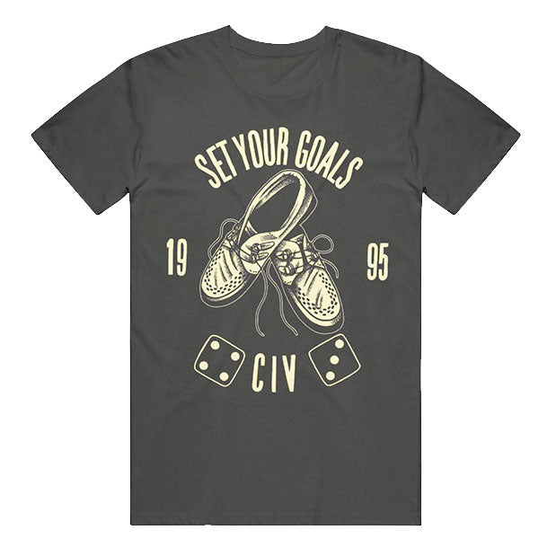 A dark gray CIV Comfort Colors t-shirt featuring a vintage design of two boat shoes hanging by their laces, two dice, and “SET YOUR GOALS 1995 CIV”—ideal for fans of unique printed apparel.