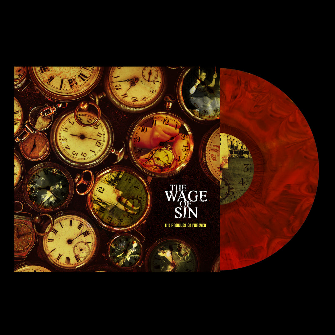 The Wage Of Sin’s album, The Product of Forever, features vintage pocket watches and faint faces on its cover. A marbled red metalcore vinyl slides from the right—a bold design for limited edition collectors.
