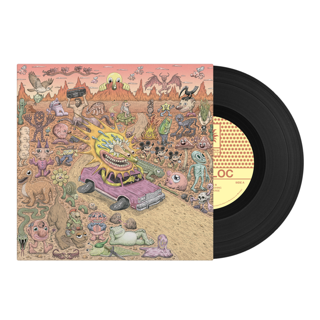 An illustrated vinyl record partially slides from a Sunbloc album cover showcasing a surreal desert, whimsical characters, and quirky creatures—reflecting Sunbloc’s alternative vibe and hardcore energy—in soft pastel colors.
