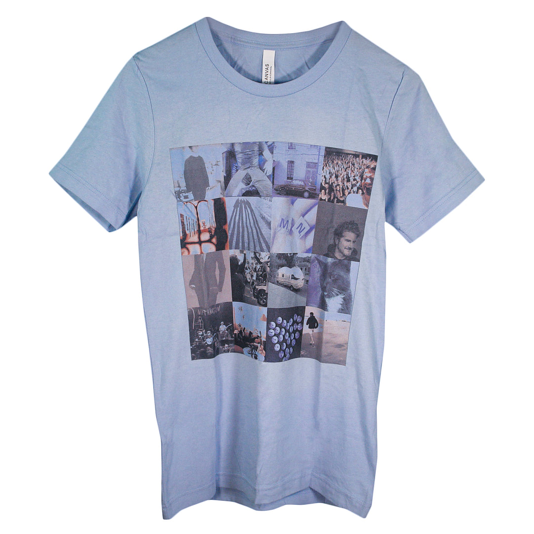Light blue short-sleeve Matt Nathanson T-shirt featuring a grid of sixteen small, assorted photos and artistic images printed on the front. The shirt is displayed against a white background.