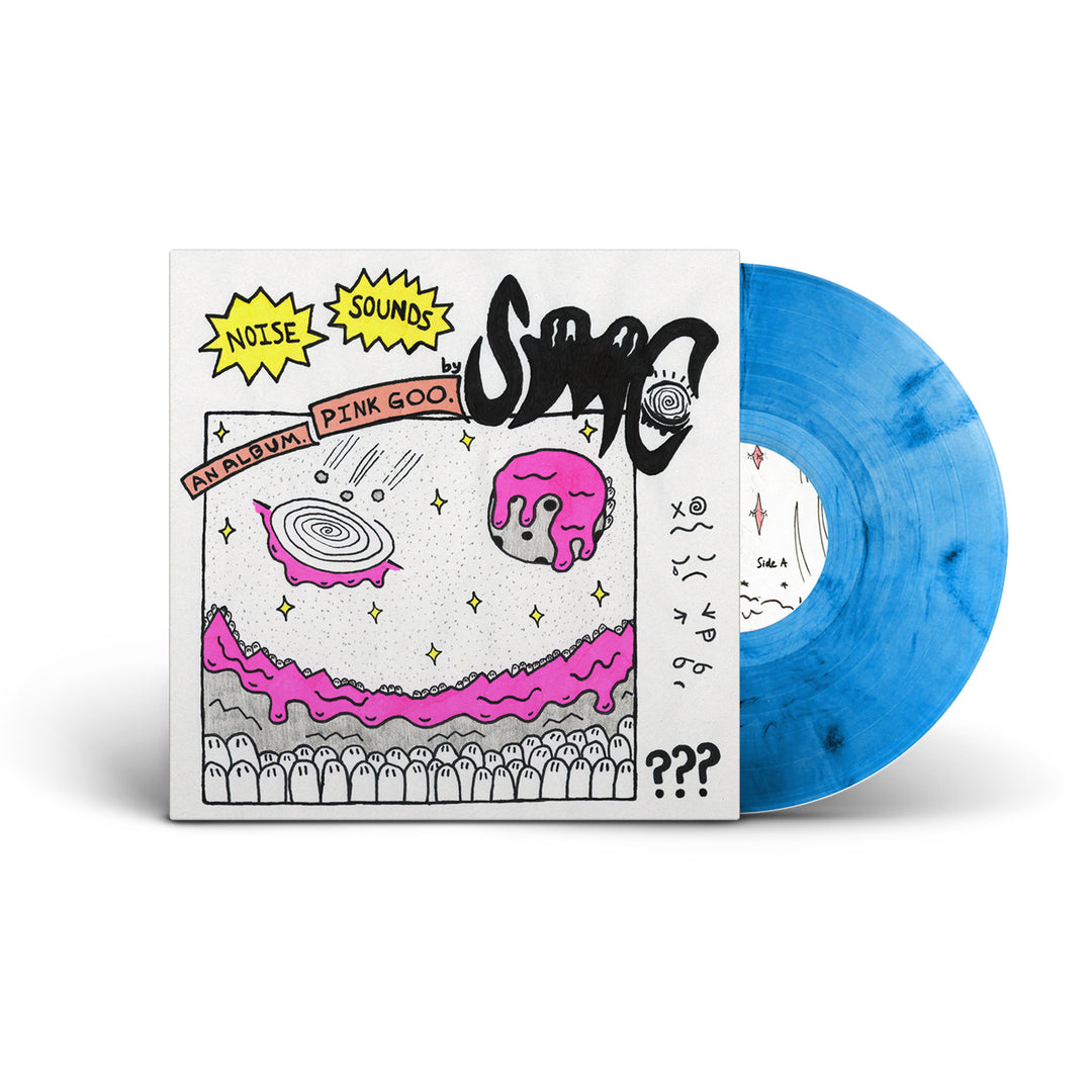 A blue marble vinyl LP partially slides from its cover, which shows whimsical cartoon art of floating Pink Goo, rings, stars, and playful hand-drawn text reading NOISE SOUNDS by Strawberry Milk Cult.