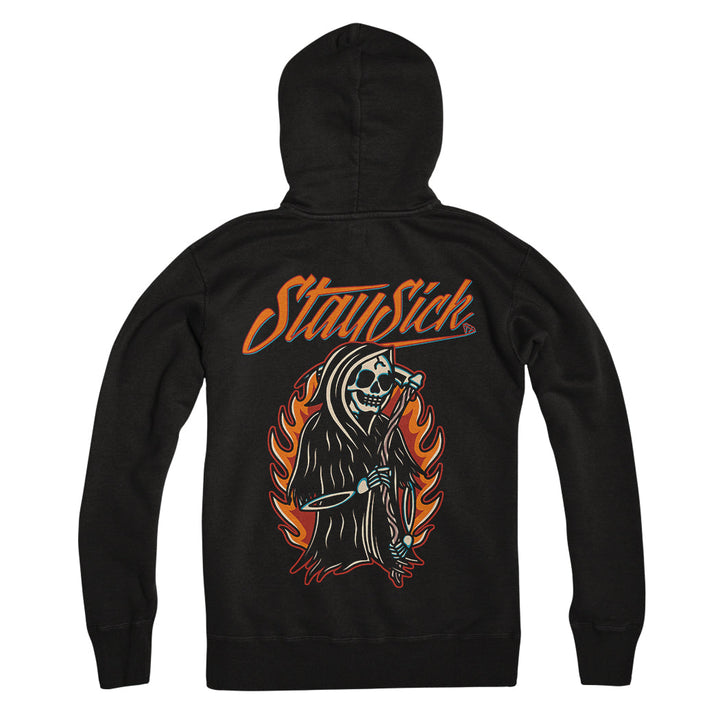 Stay Sick Clothing Black Pullover Reaper Hoodie with Stay Sick text on the back, showcasing a grim reaper wielding a scythe and surrounded by orange flames for a bold Reaper On Fire style.