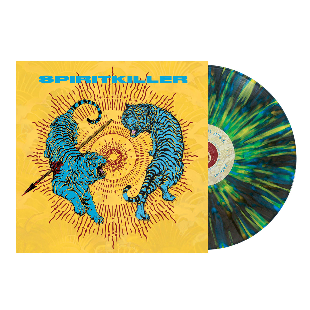 The limited edition 12” Spiritkiller vinyl features a marbled green, blue, and yellow pattern. Its cover shows two blue tigers facing each other on a yellow background with radiating lines; "SPIRITKILLER" appears at the top in blue text. Brand: Spiritkiller.