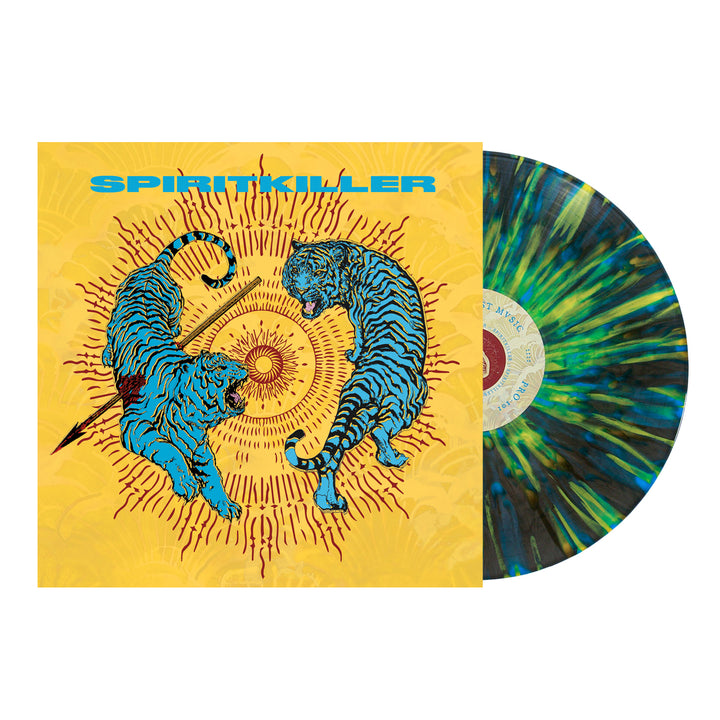 The limited edition 12” Spiritkiller vinyl features a marbled green, blue, and yellow pattern. Its cover shows two blue tigers facing each other on a yellow background with radiating lines; "SPIRITKILLER" appears at the top in blue text. Brand: Spiritkiller.