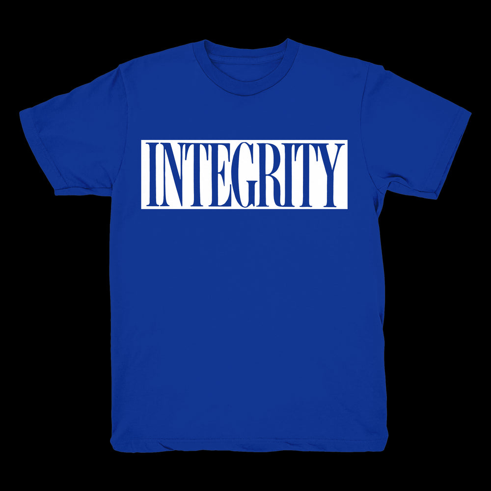 A blue Integrity Heavy Cotton T-shirt featuring the word INTEGRITY in large, bold white letters across the chest.