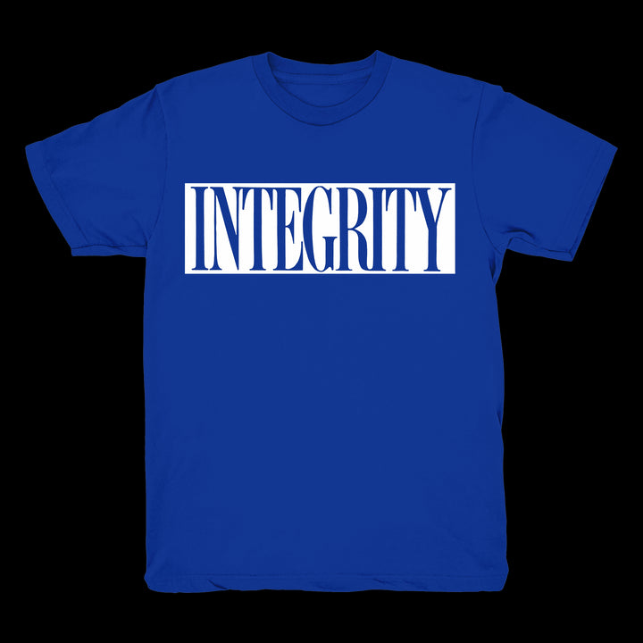 A blue Integrity Heavy Cotton T-shirt featuring the word INTEGRITY in large, bold white letters across the chest.