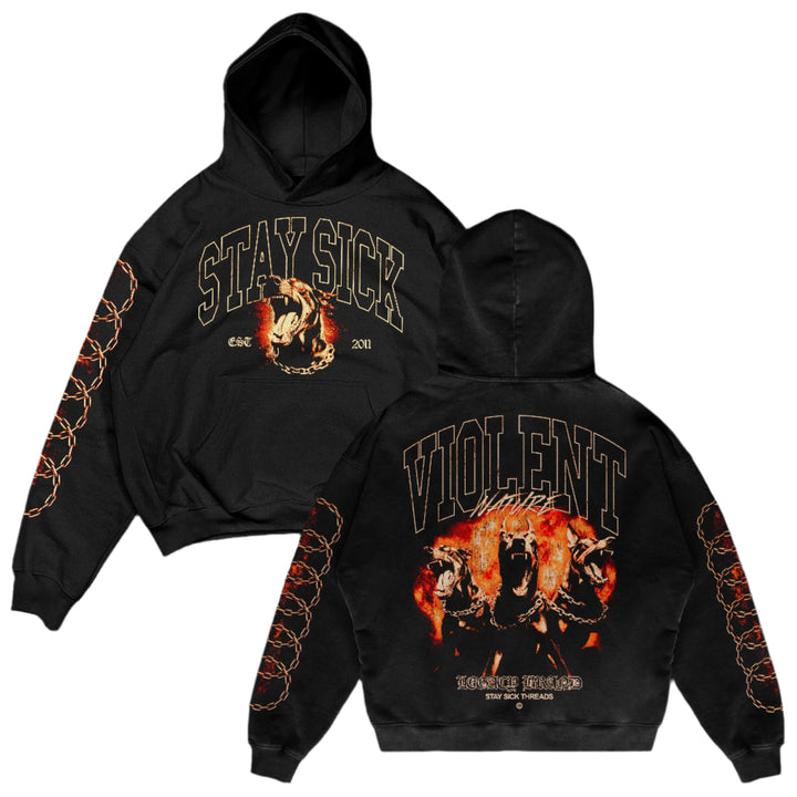 Stay Sick Clothings black hoodie features a STAY SICK/Snarling Dog front, VIOLENT text with snarling dogs on the back, and sleeve chains. 