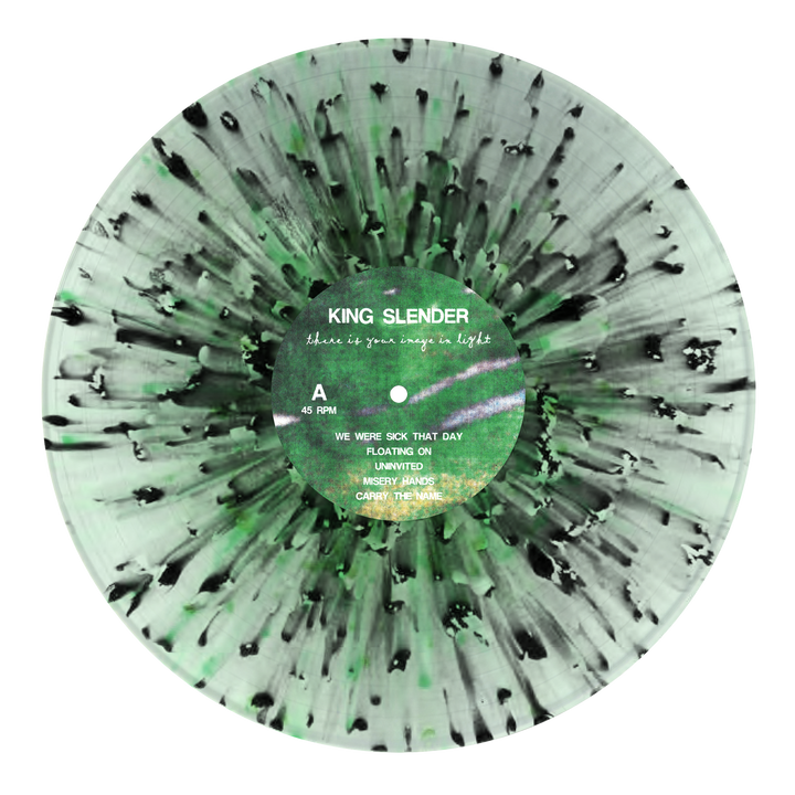 A black and green splatter vinyl by King Slender, featuring "Where to your saying in lights" and track listings on the label—ideal for emotional hardcore fans.