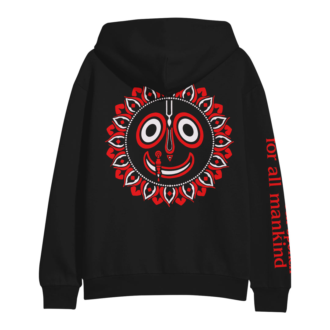 Black Shelter hoodie with a bold red, white, and black smiling face and petal shapes on the back. For all mankind in red runs down the right sleeve.