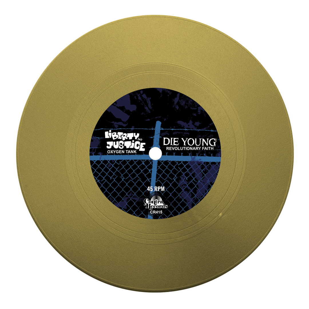 A gold vinyl record with a central black label featuring blue accents, displaying the band name Die Young—Texas DIY hardcore icons—and track titles Oxygen Tank and Revolutionary Faith.