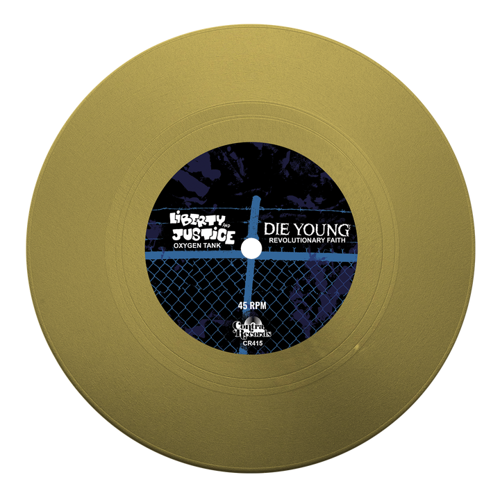 A gold vinyl record with a central black label featuring blue accents, displaying the band name Die Young—Texas DIY hardcore icons—and track titles Oxygen Tank and Revolutionary Faith.