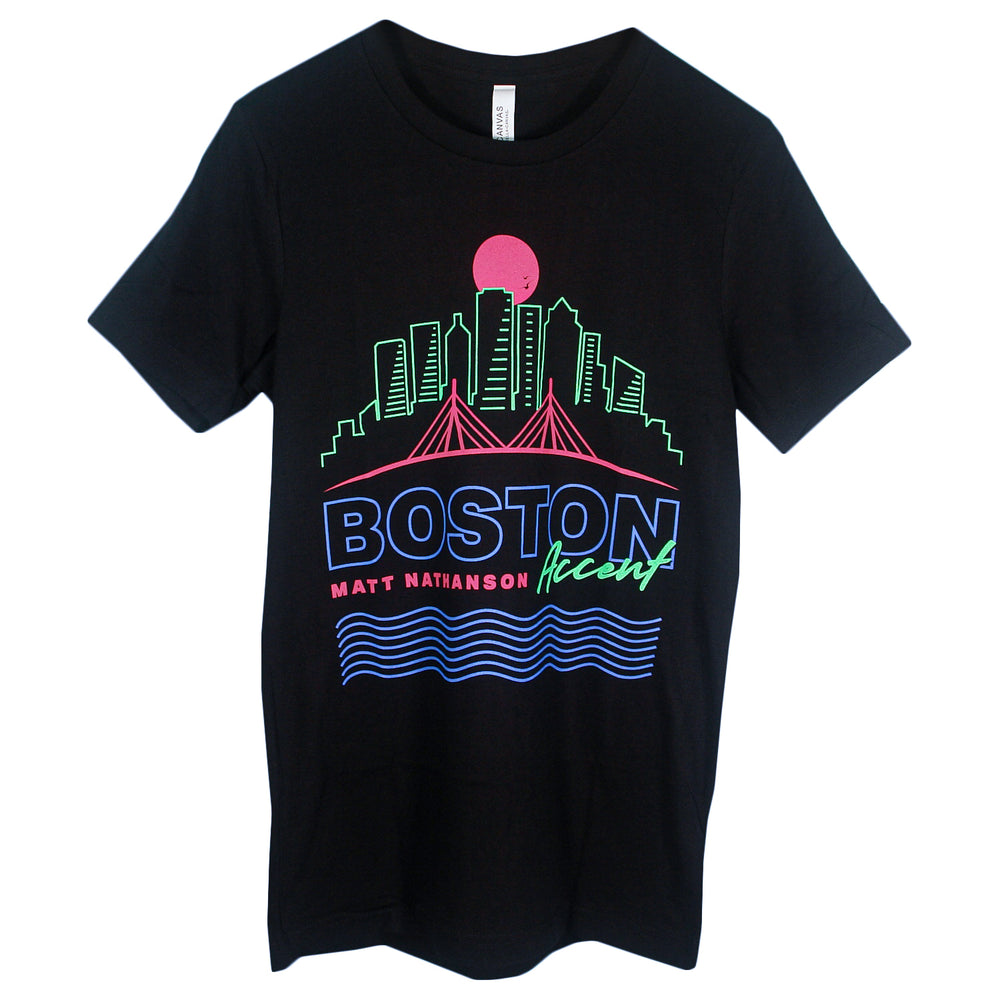 Black Matt Nathanson T-shirt with a neon city skyline, bridge, sun, and water graphic. Features Boston Accent and Matt Nathanson in bold colorful letters—ideal for fans of unique printed tees.